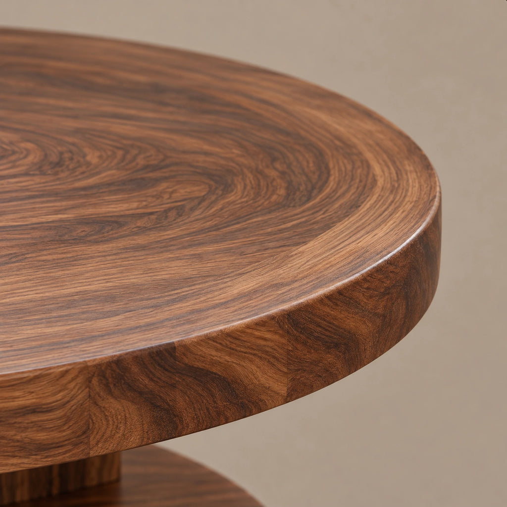 Coastal Round Wooden Coffee Table With Bottom Shelf For Living Room