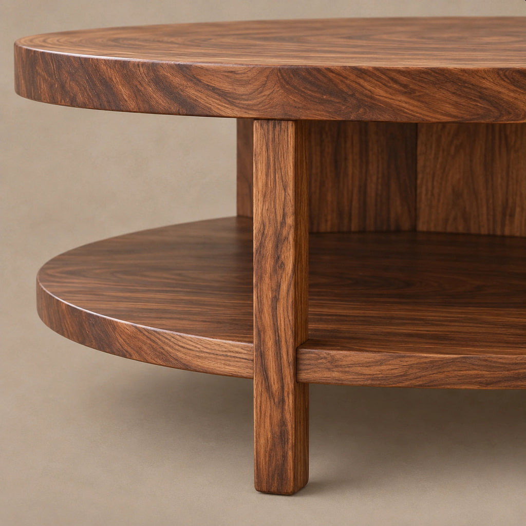 Coastal Round Wooden Coffee Table With Bottom Shelf For Living Room
