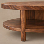Coastal Round Wooden Coffee Table With Bottom Shelf For Living Room