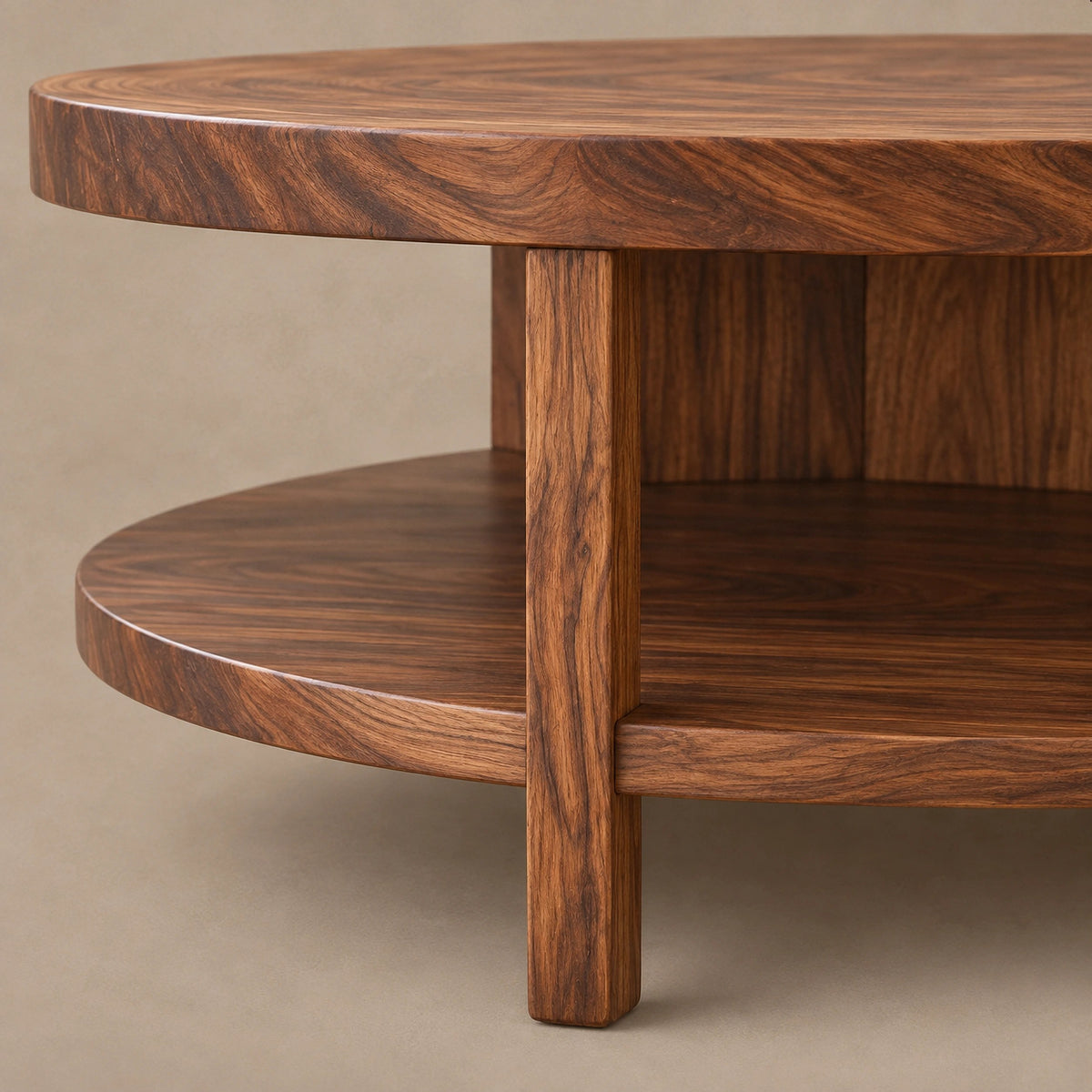 Coastal Round Wooden Coffee Table With Bottom Shelf For Living Room