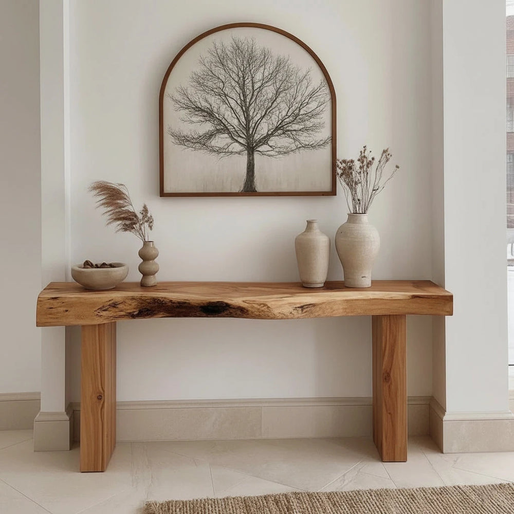 Solid wood console table styled in an entryway