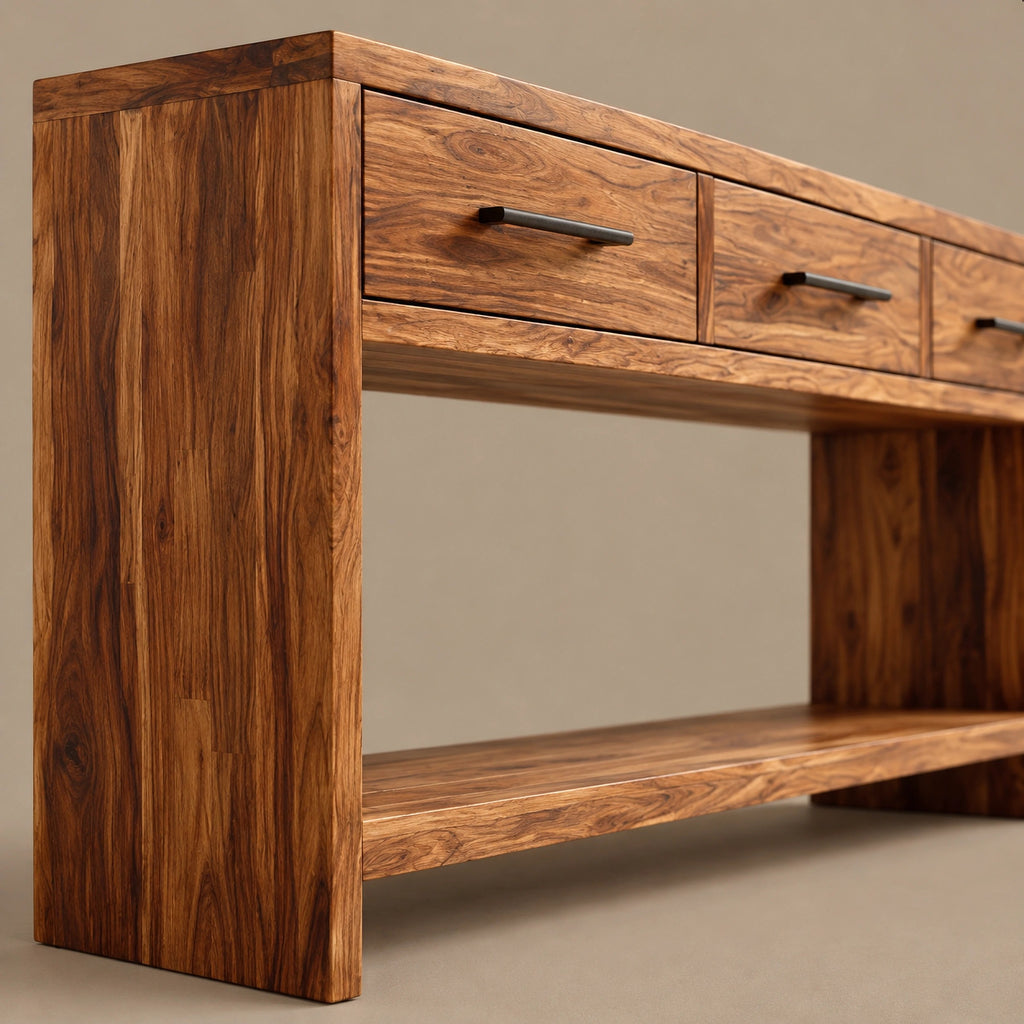Farmhouse Console Table With Drawers And Open Shelf For Entryway