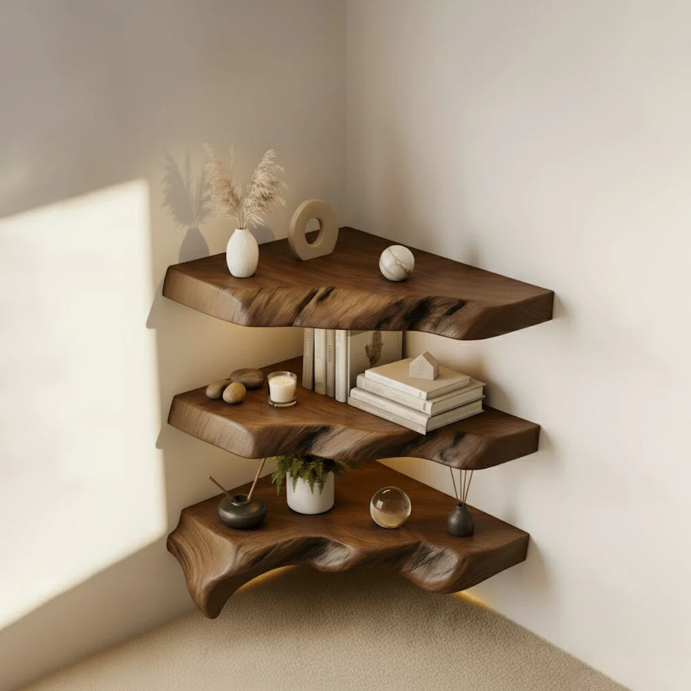Solid wood corner floating shelf styled with plants and books