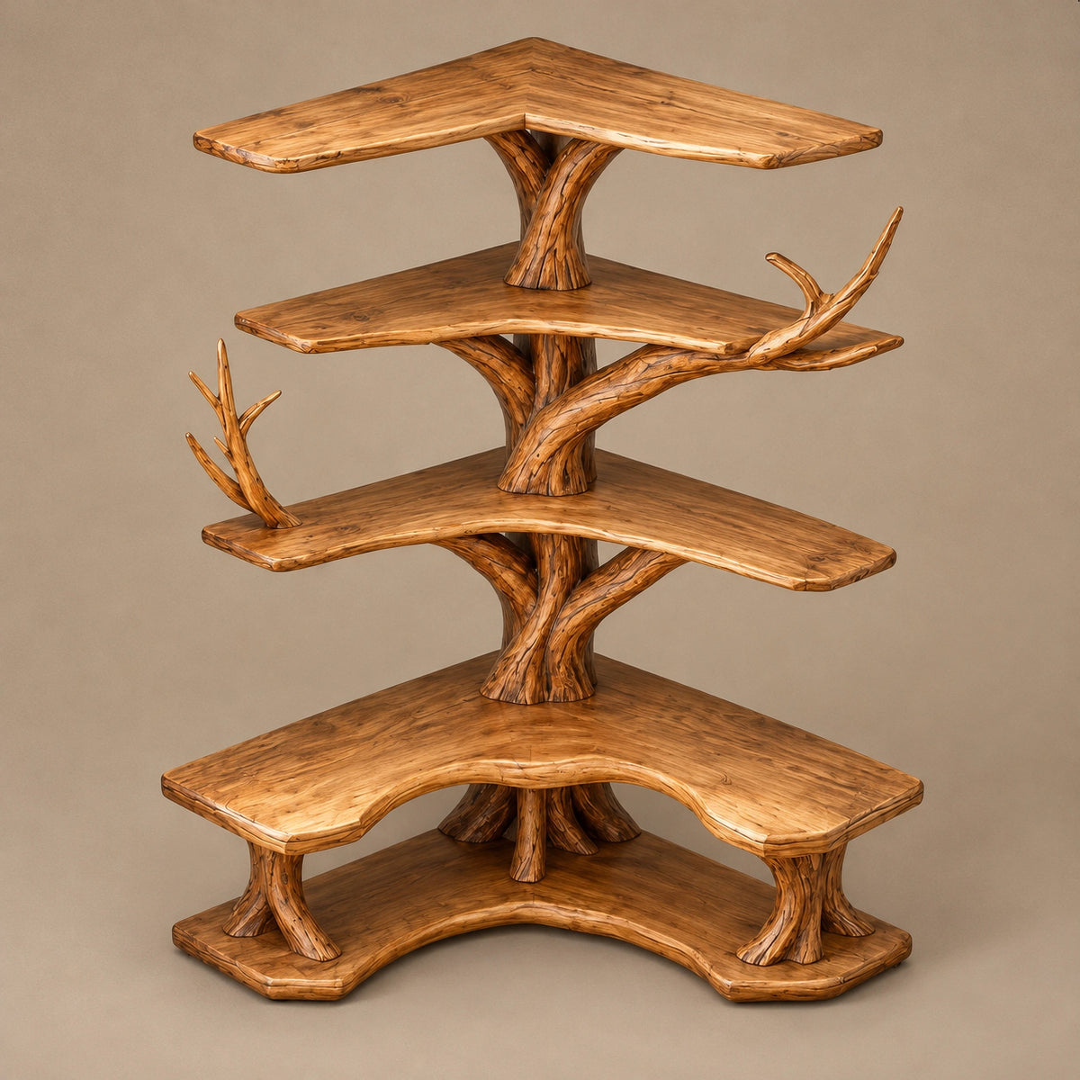Sculptural Corner Tree Bookshelf With Three Tier L Shelves For Living Room