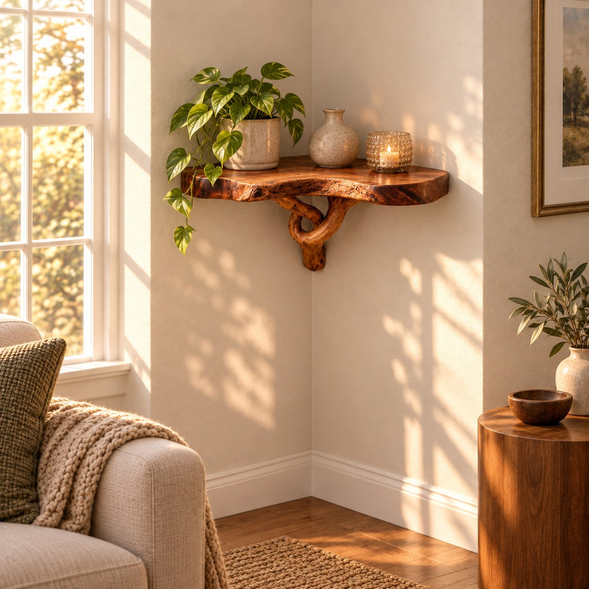 Sculptural Branch Trunk Corner Shelf With Flowing Branch Design For Living Room