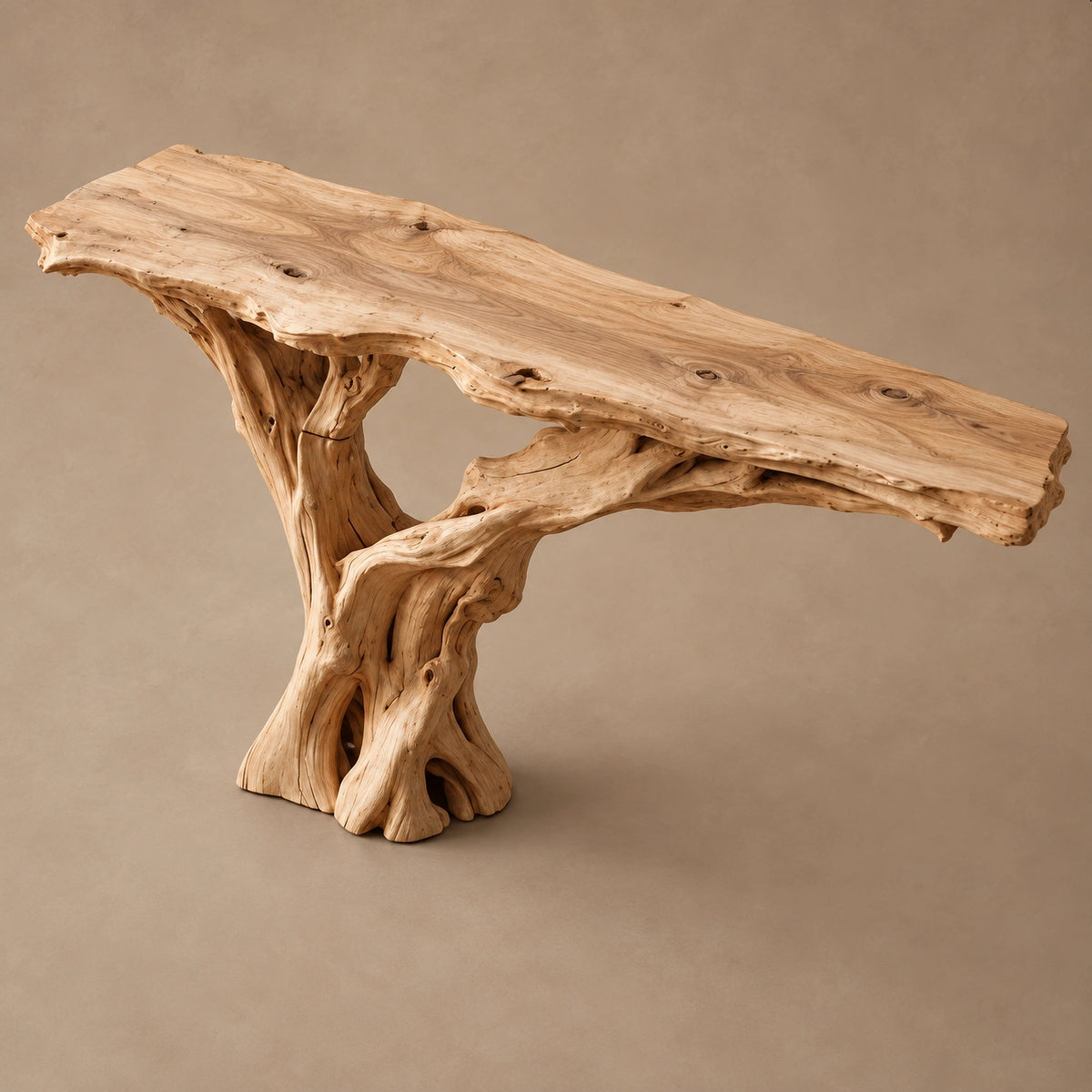 Handcrafted Driftwood Console Table With Single Trunk Base For Entryway