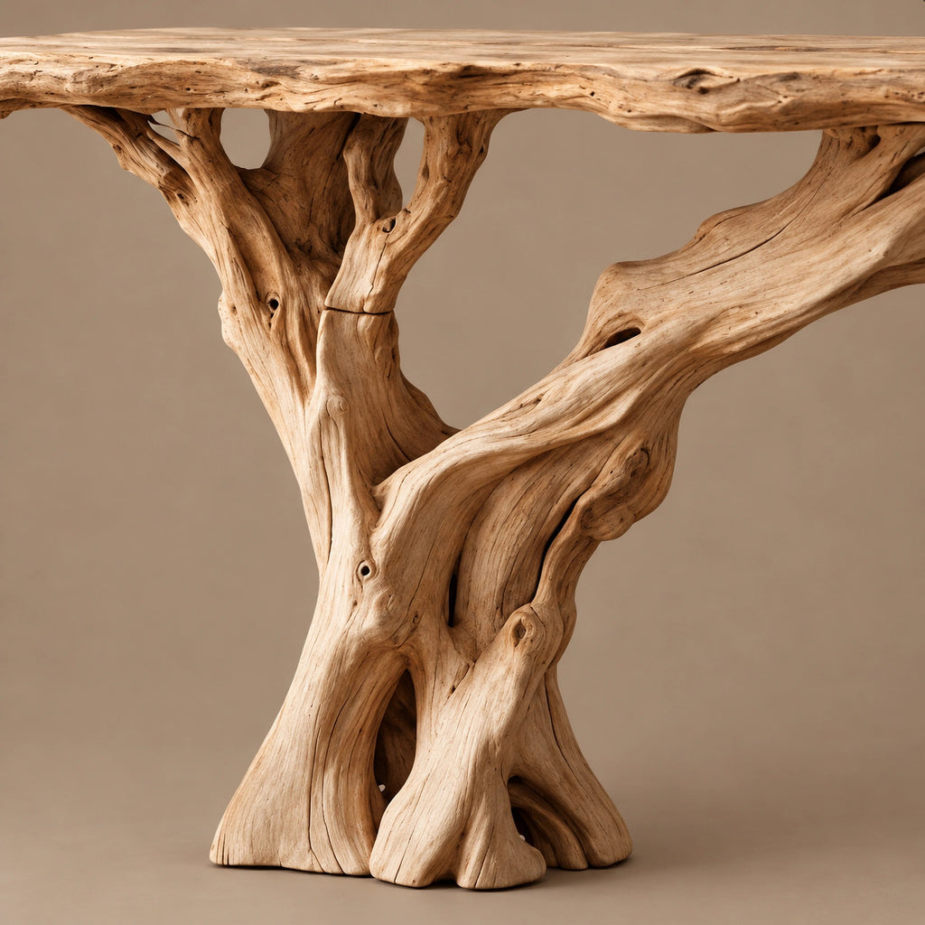 Handcrafted Driftwood Console Table With Single Trunk Base For Entryway