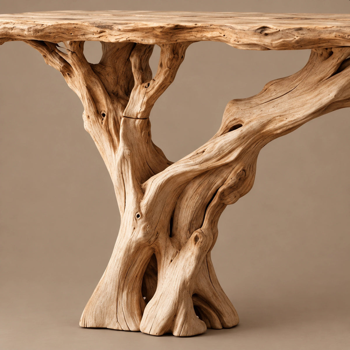 Handcrafted Driftwood Console Table With Single Trunk Base For Entryway