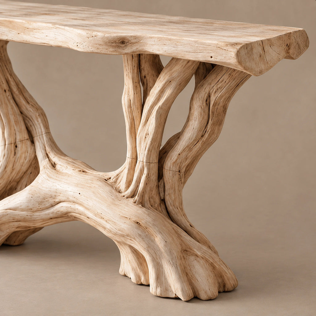 Coastal Driftwood Console Table With Twin Root Legs For Entryway
