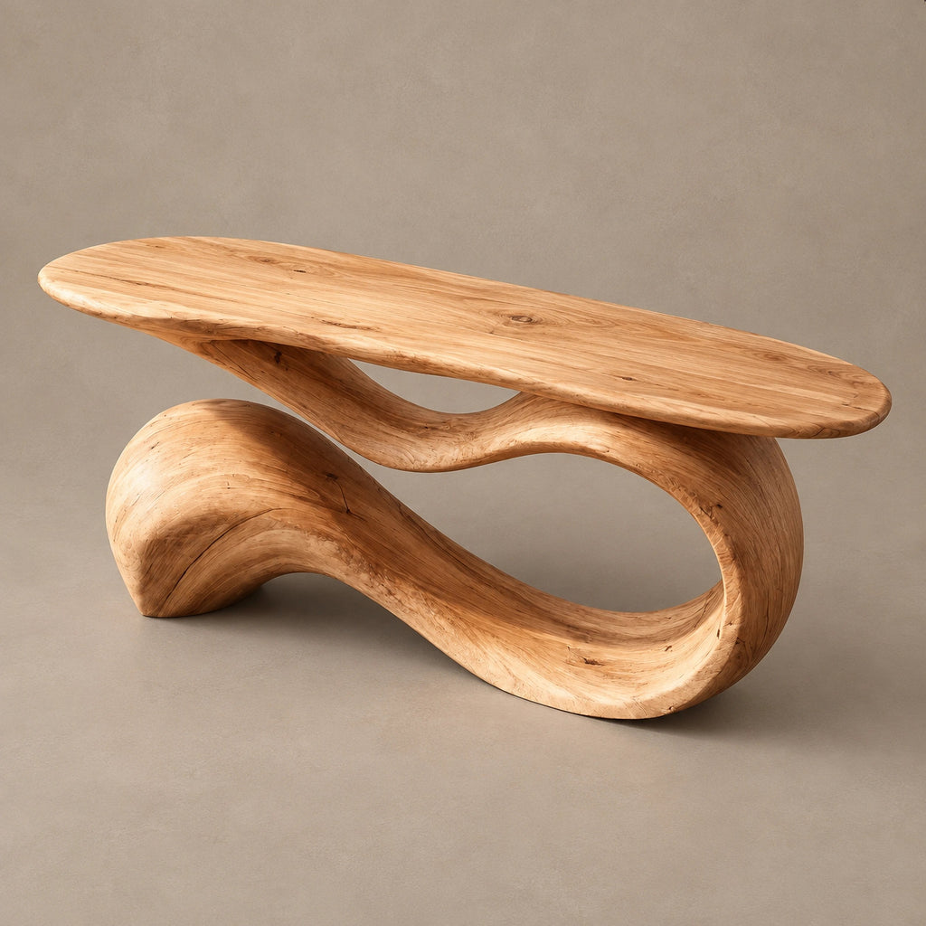 Elegant Flowing Wood Console Table With Ribbon Base For Entryway