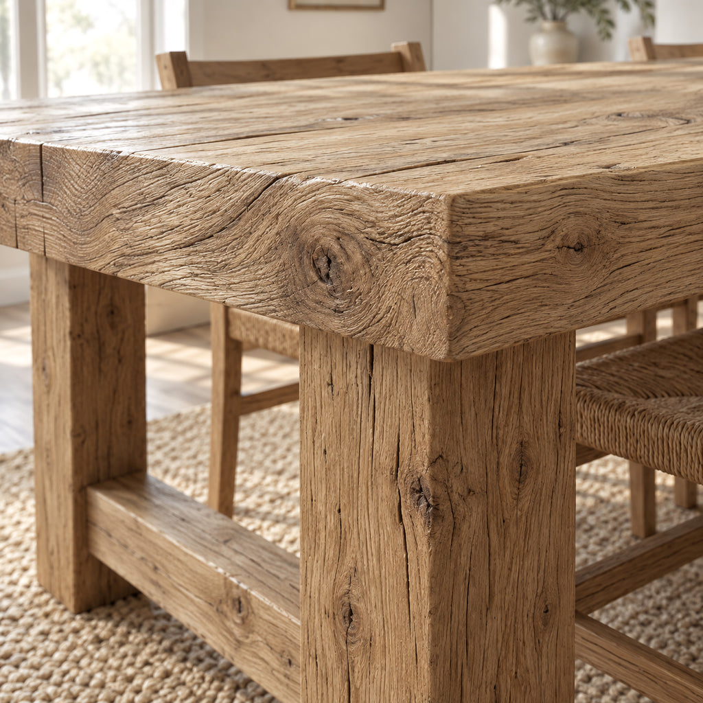 Farmhouse Solid Wood Dining Table With Turned Legs For Dining Room - Oak natural rough surface