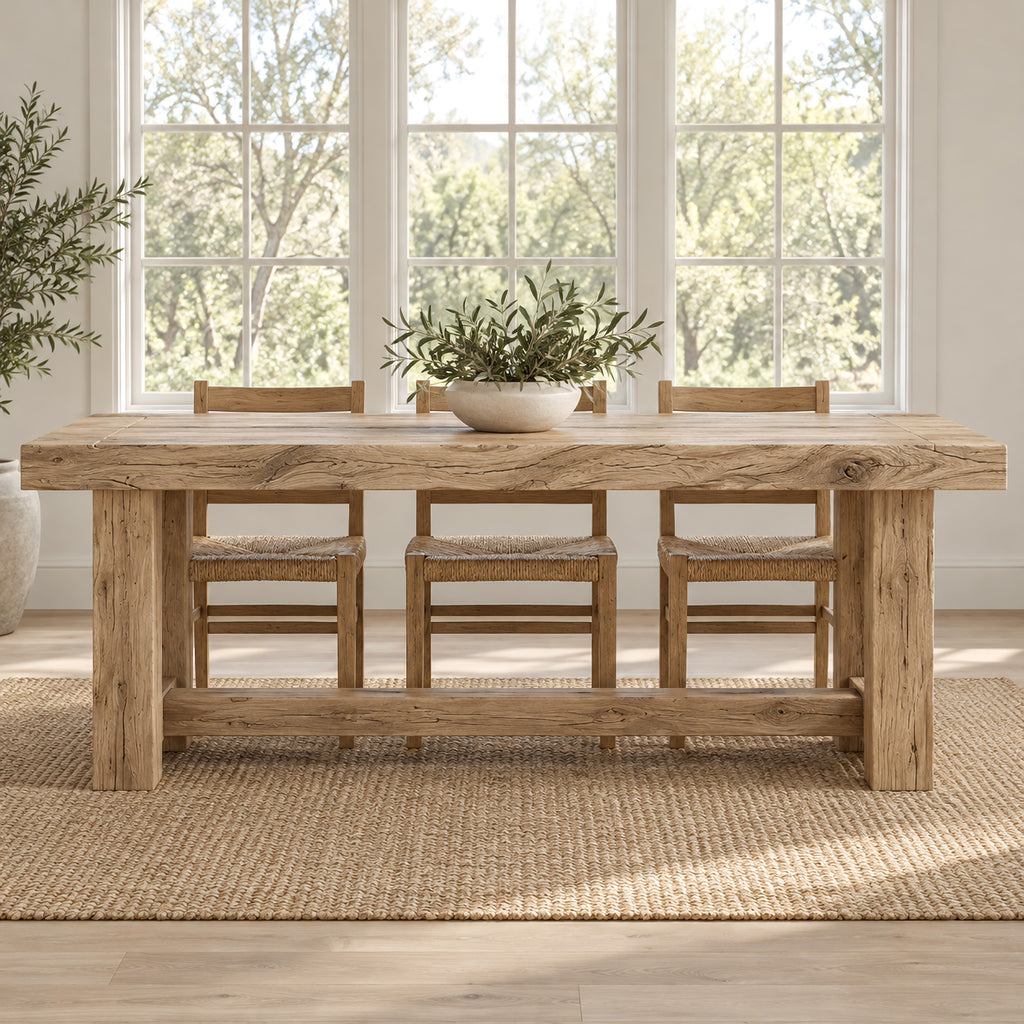 Farmhouse Solid Wood Dining Table With Turned Legs For Dining Room - Oak natural rough surface