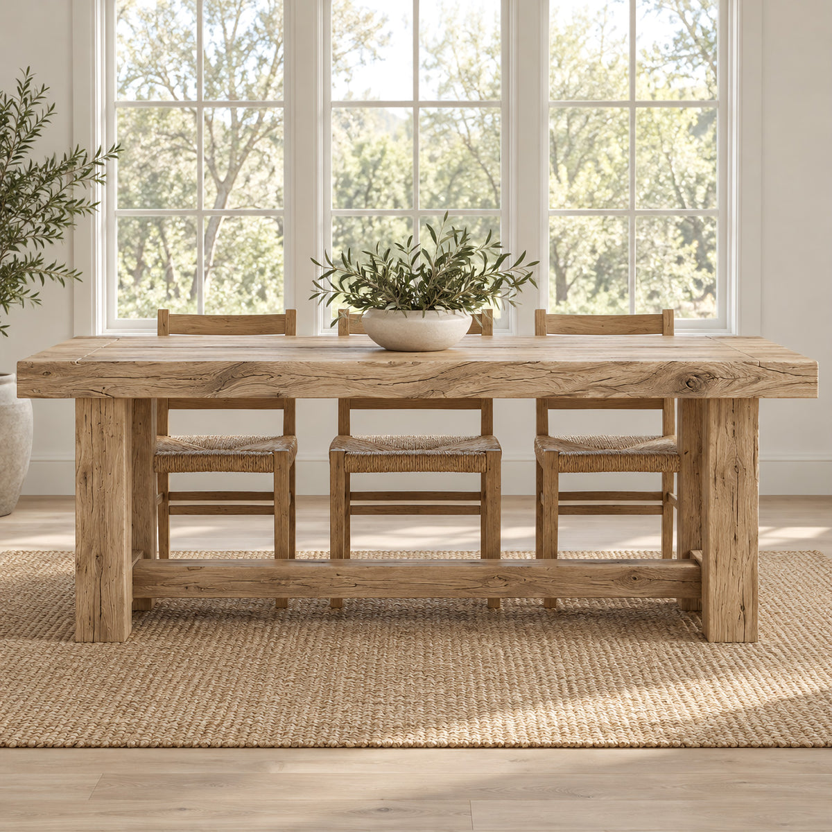 Farmhouse Solid Wood Dining Table With Turned Legs For Dining Room - Oak natural rough surface