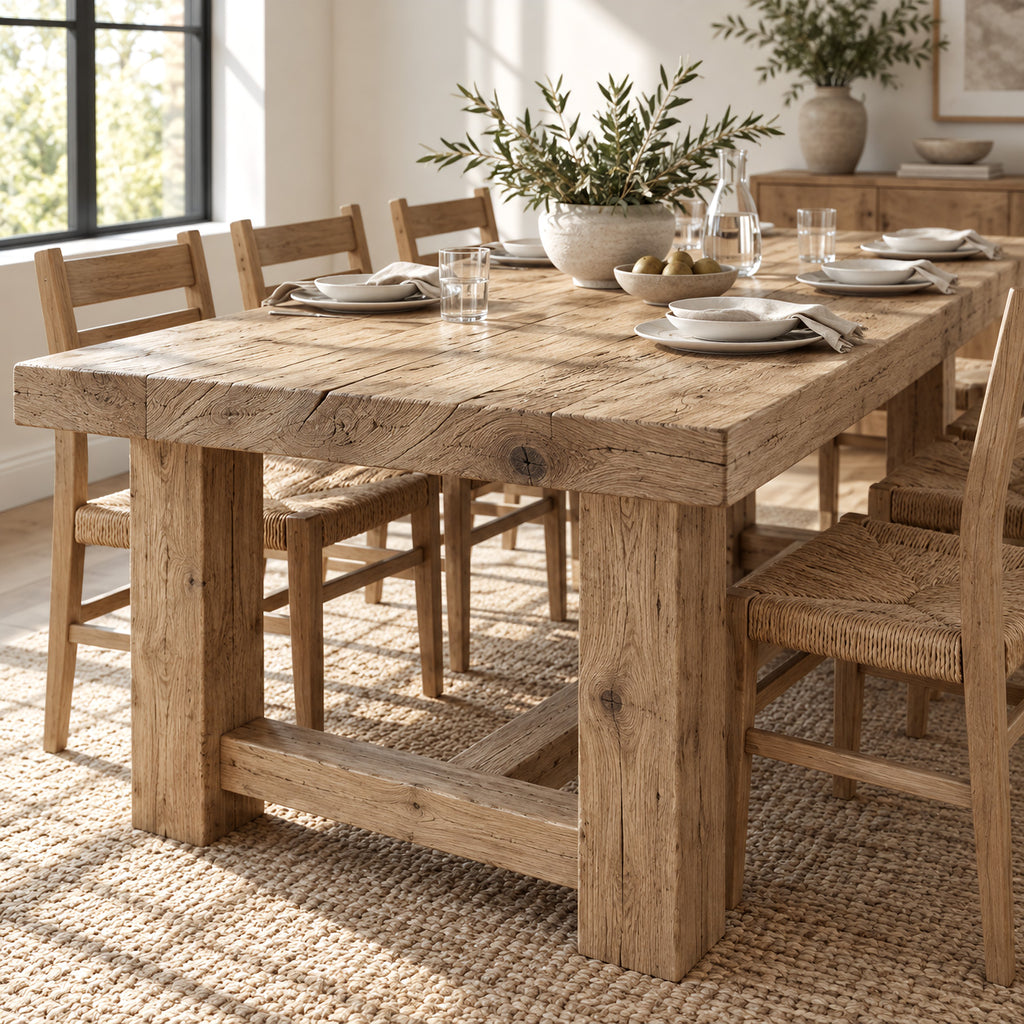 Farmhouse Solid Wood Dining Table With Turned Legs For Dining Room - Oak natural rough surface