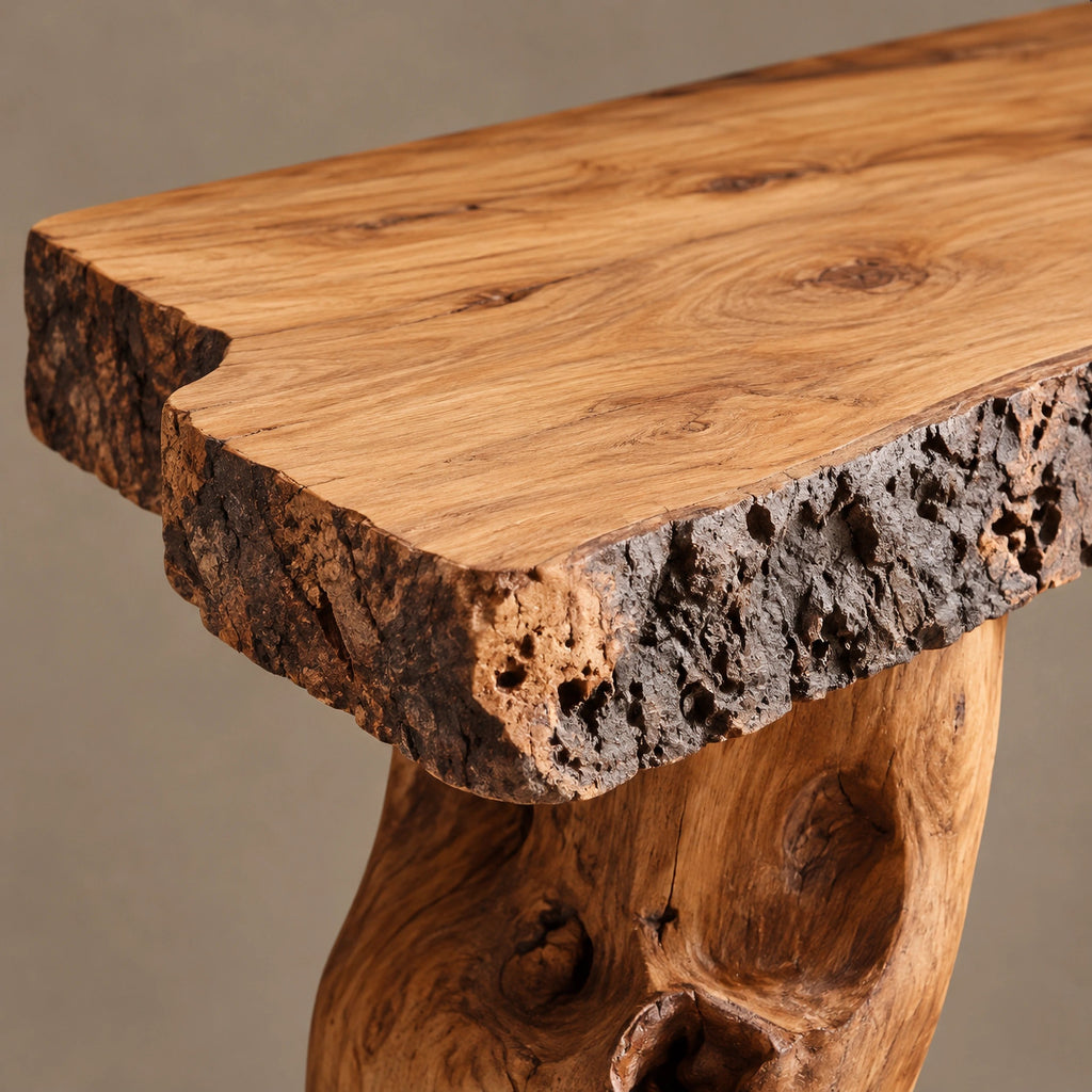 Farmhouse Gnarled Root Console Table With Live Edge Top For Hallway