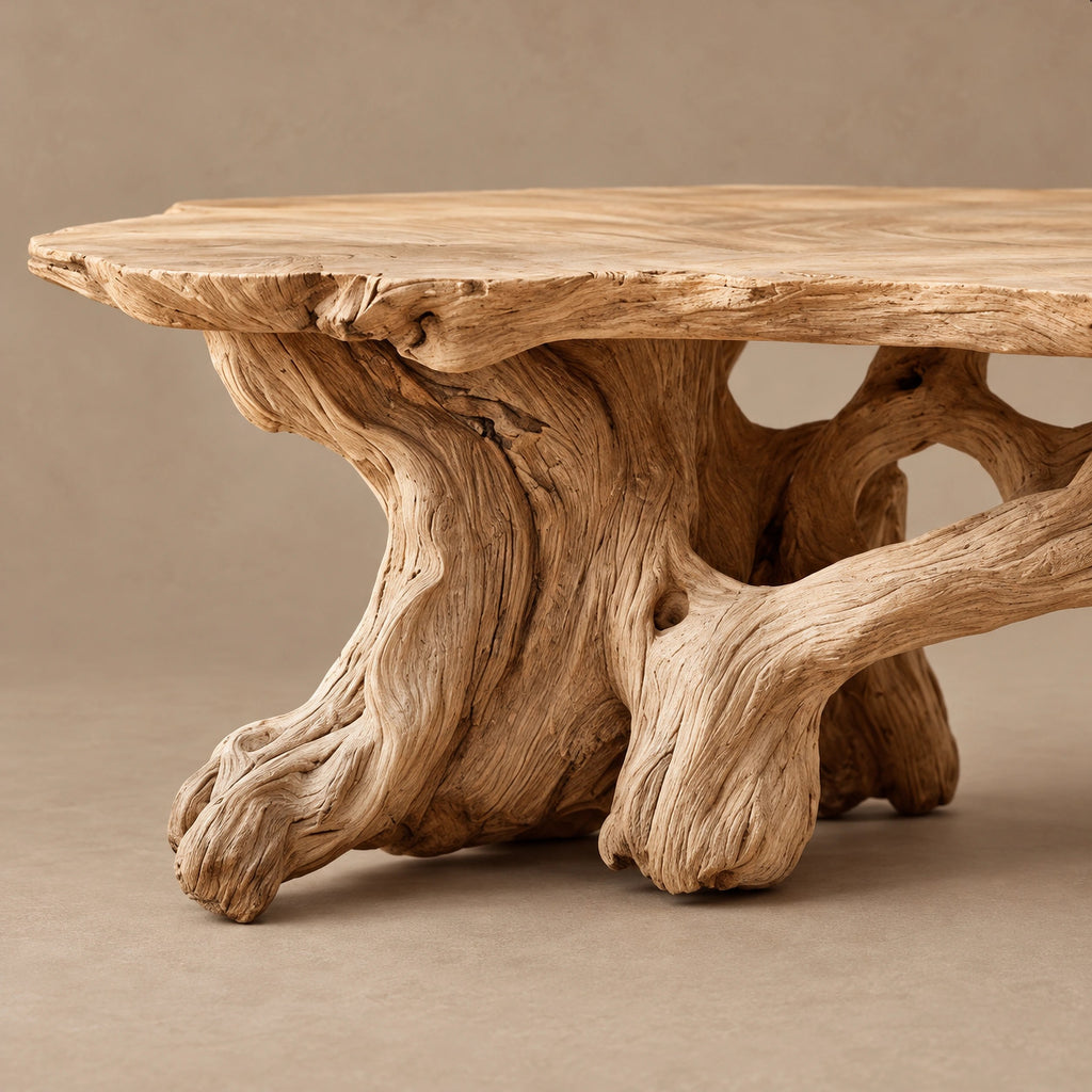 Farmhouse Live Edge Coffee Table With Twisted Root Legs For Living Room