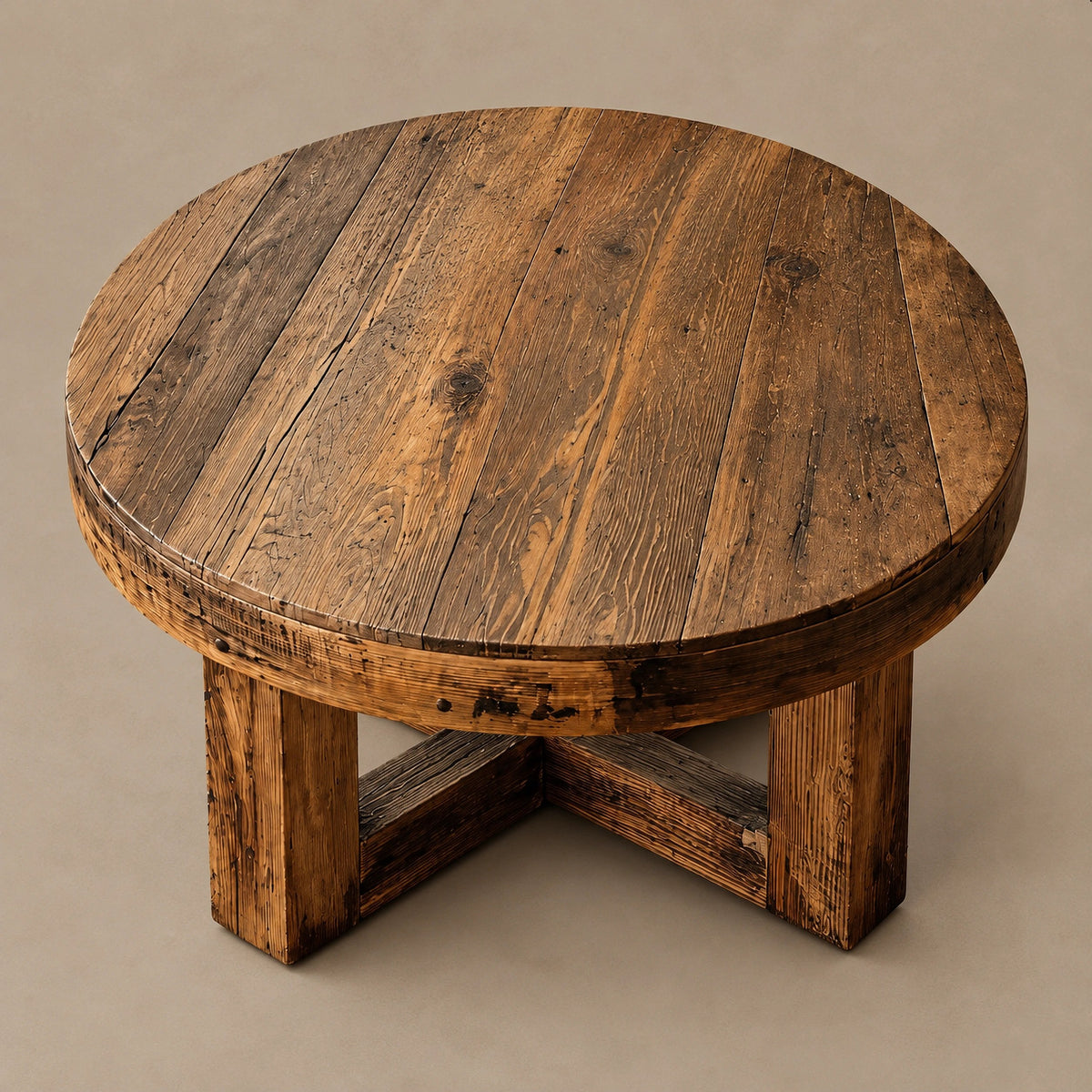 Farmhouse Round Wood Coffee Table With X Frame Base For Living Room