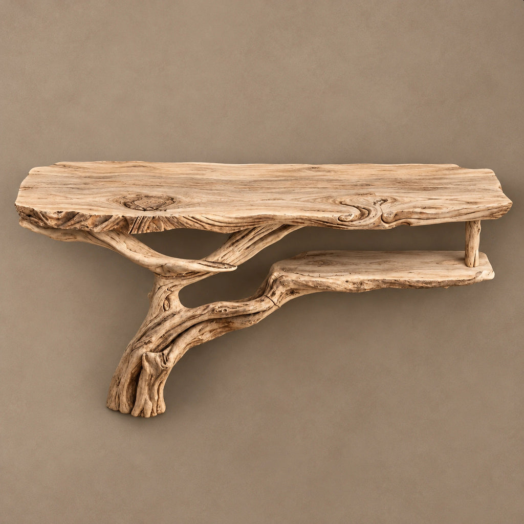 Scandinavian Floating Console Table With Driftwood Lower Shelf For Entryway