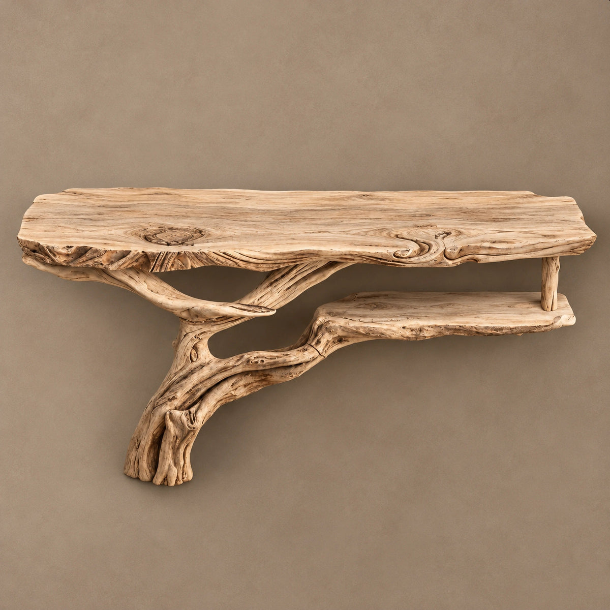 Scandinavian Floating Console Table With Driftwood Lower Shelf For Entryway