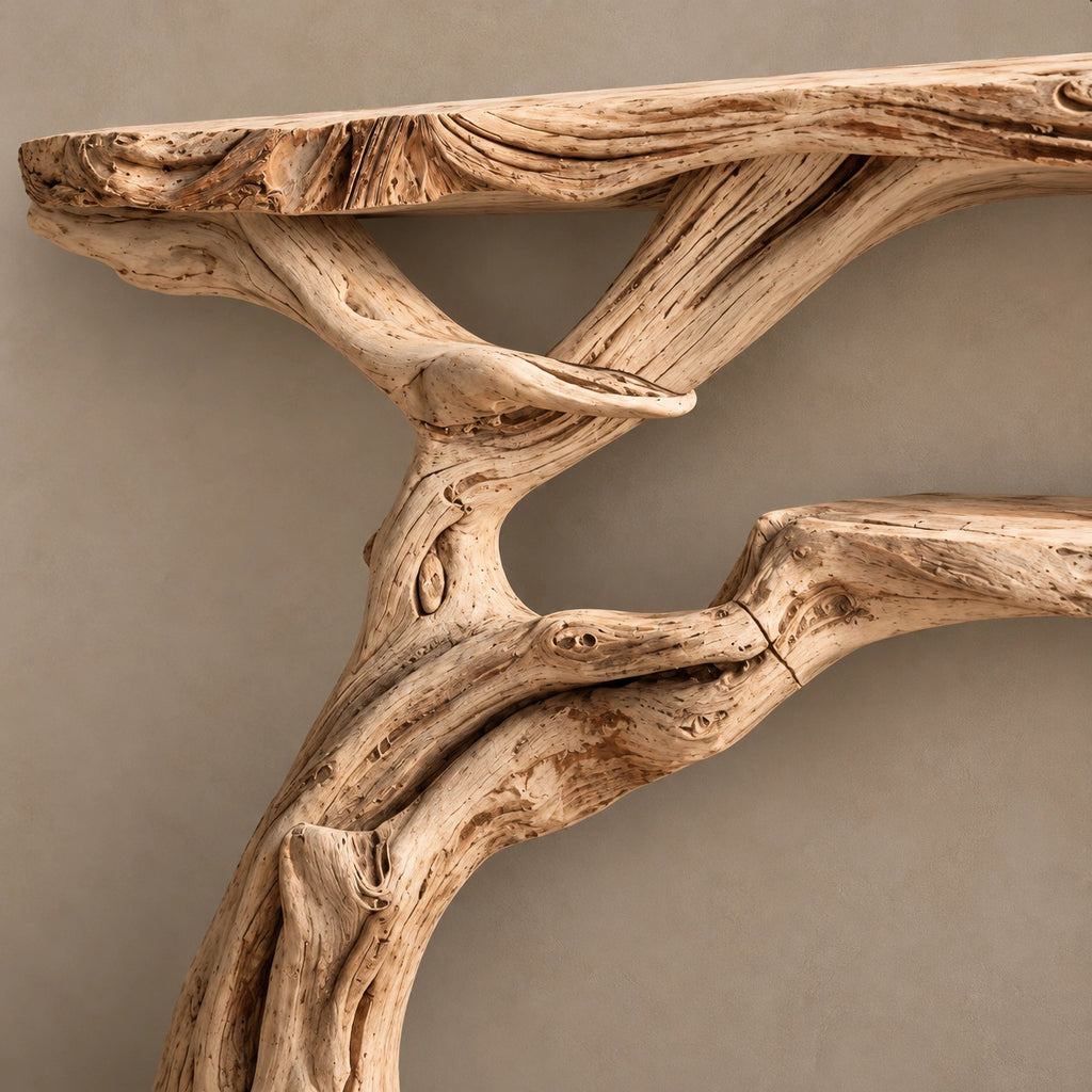 Scandinavian Floating Console Table With Driftwood Lower Shelf For Entryway