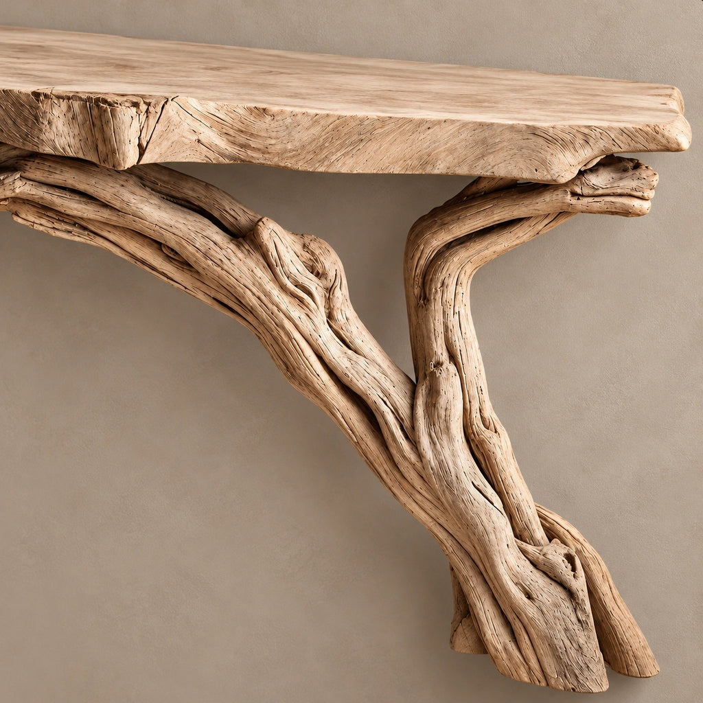 Coastal Floating Console Table With Slender Driftwood Leg For Entryway