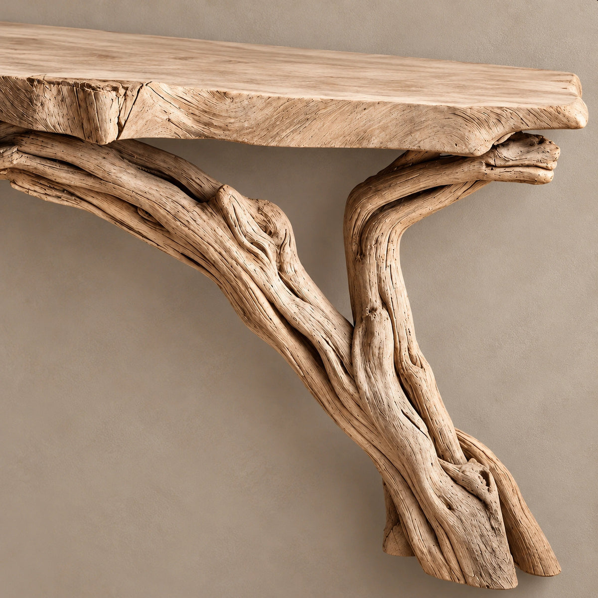 Coastal Floating Console Table With Slender Driftwood Leg For Entryway