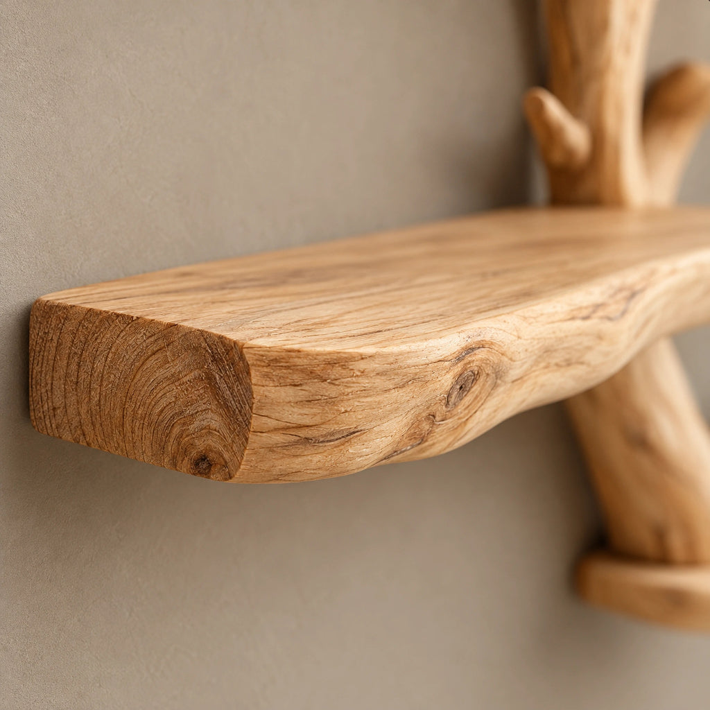 Rustic Tree Branch Wall Shelf With Antler Forks For Living Room