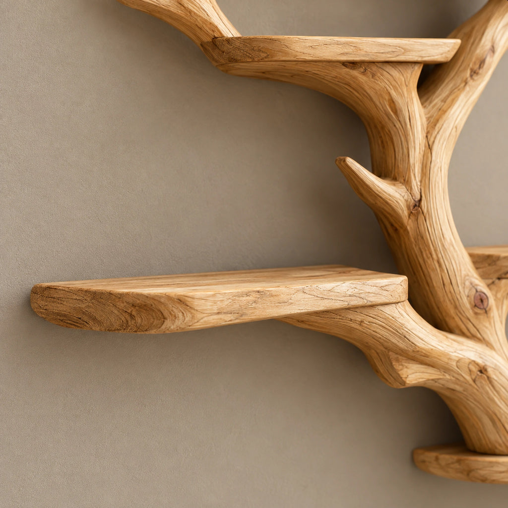 Rustic Tree Branch Wall Shelf With Antler Forks For Living Room