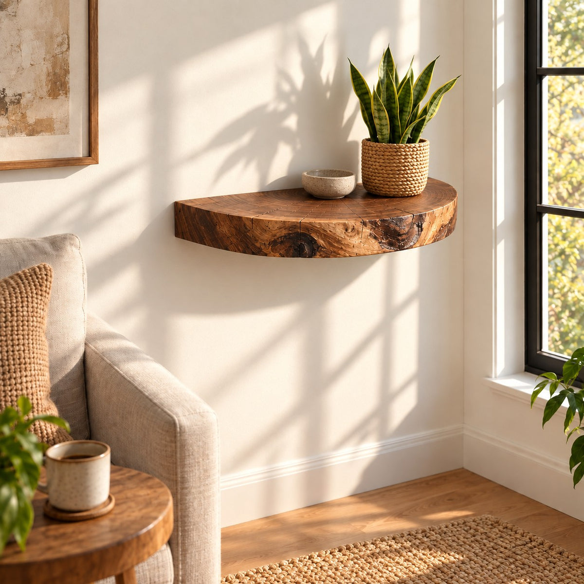 Organic Half Round Floating Wall Shelf With Tree Trunk Slice For Living Room