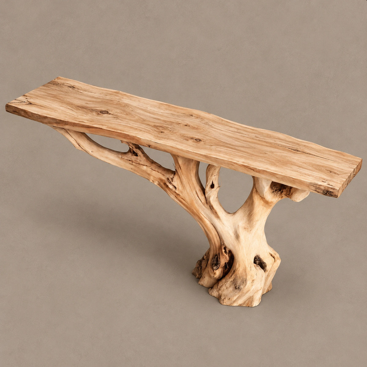 Handcrafted Root Base Console Table With Live Edge Top For Hallway