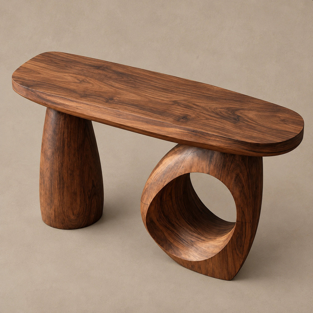 Handcrafted Sculptural Console Table With Ring Leg For Entryway