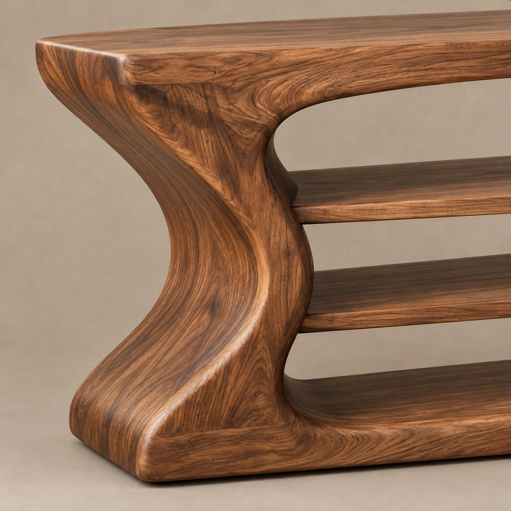Handmade Curved Console Table With Open Shelves For Living Room