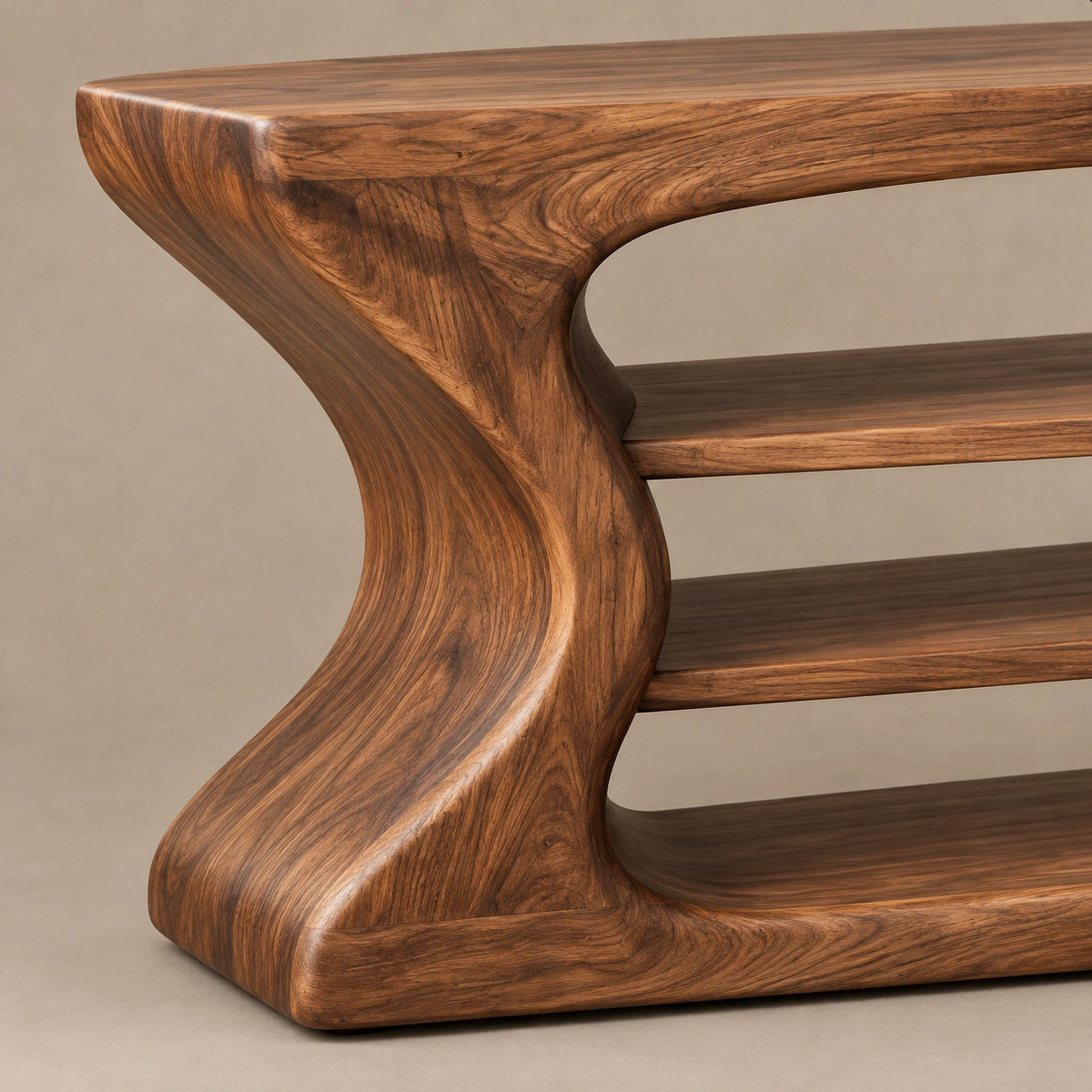 Handmade Curved Console Table With Open Shelves For Living Room