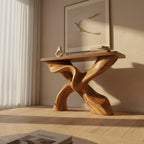 Solid Wood Console Table with Sculptural Crossed Live-Edge Base for Entryway