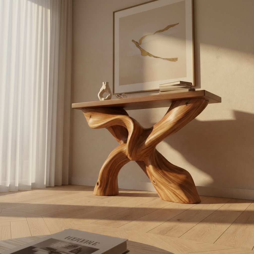 Solid Wood Console Table with Sculptural Crossed Live-Edge Base for Entryway