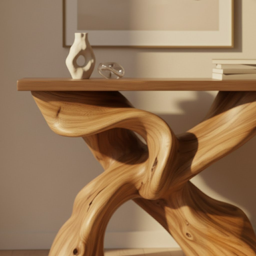 Solid Wood Console Table with Sculptural Crossed Live-Edge Base for Entryway