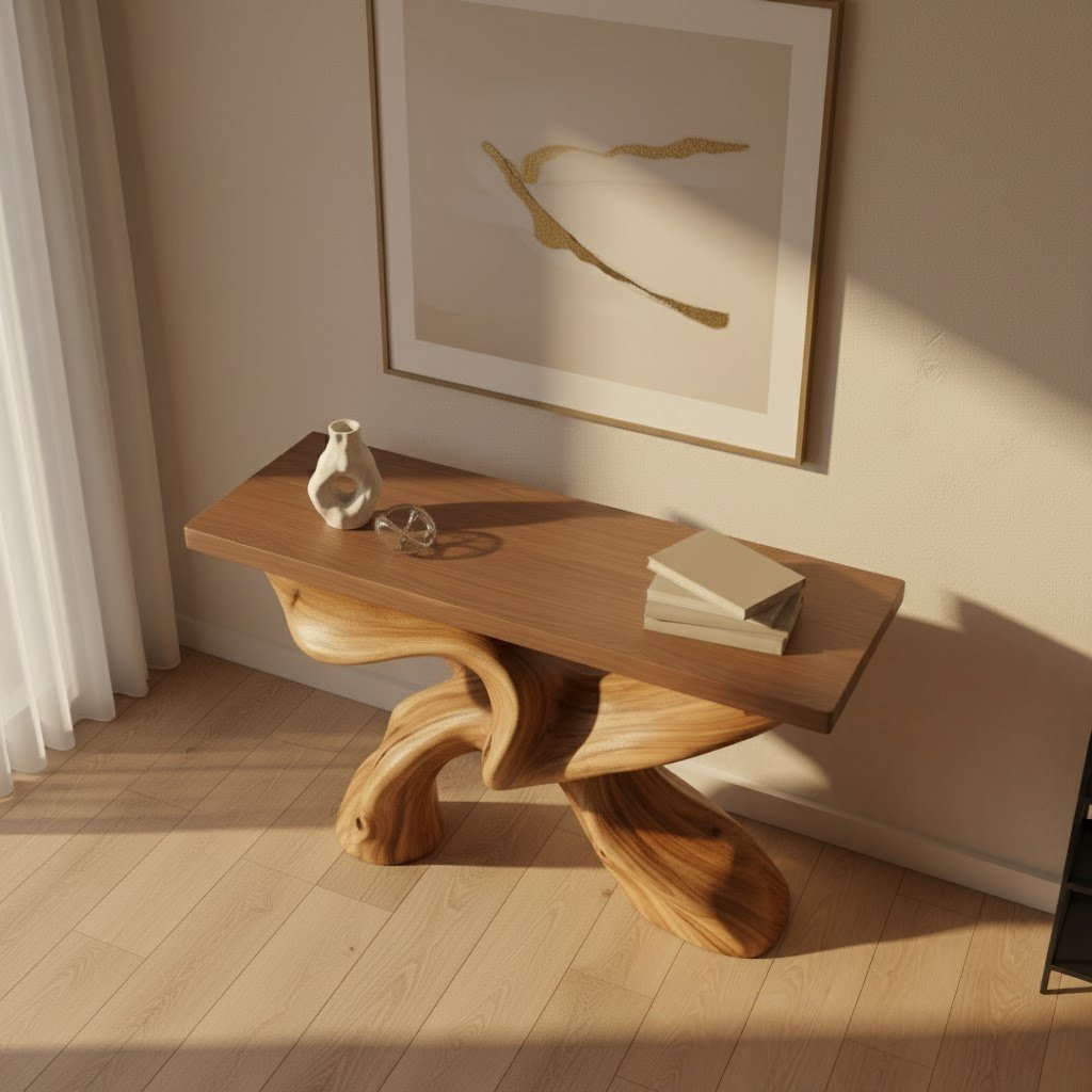 Solid Wood Console Table with Sculptural Crossed Live-Edge Base for Entryway