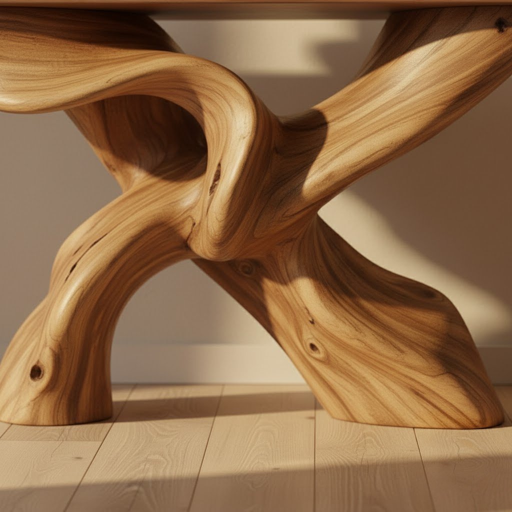 Solid Wood Console Table with Sculptural Crossed Live-Edge Base for Entryway