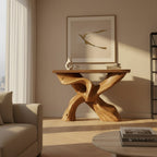 Solid Wood Console Table with Sculptural Crossed Live-Edge Base for Entryway