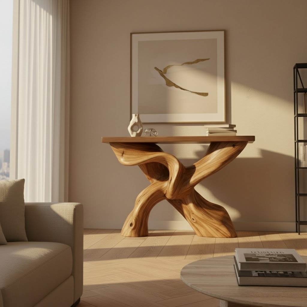 Solid Wood Console Table with Sculptural Crossed Live-Edge Base for Entryway