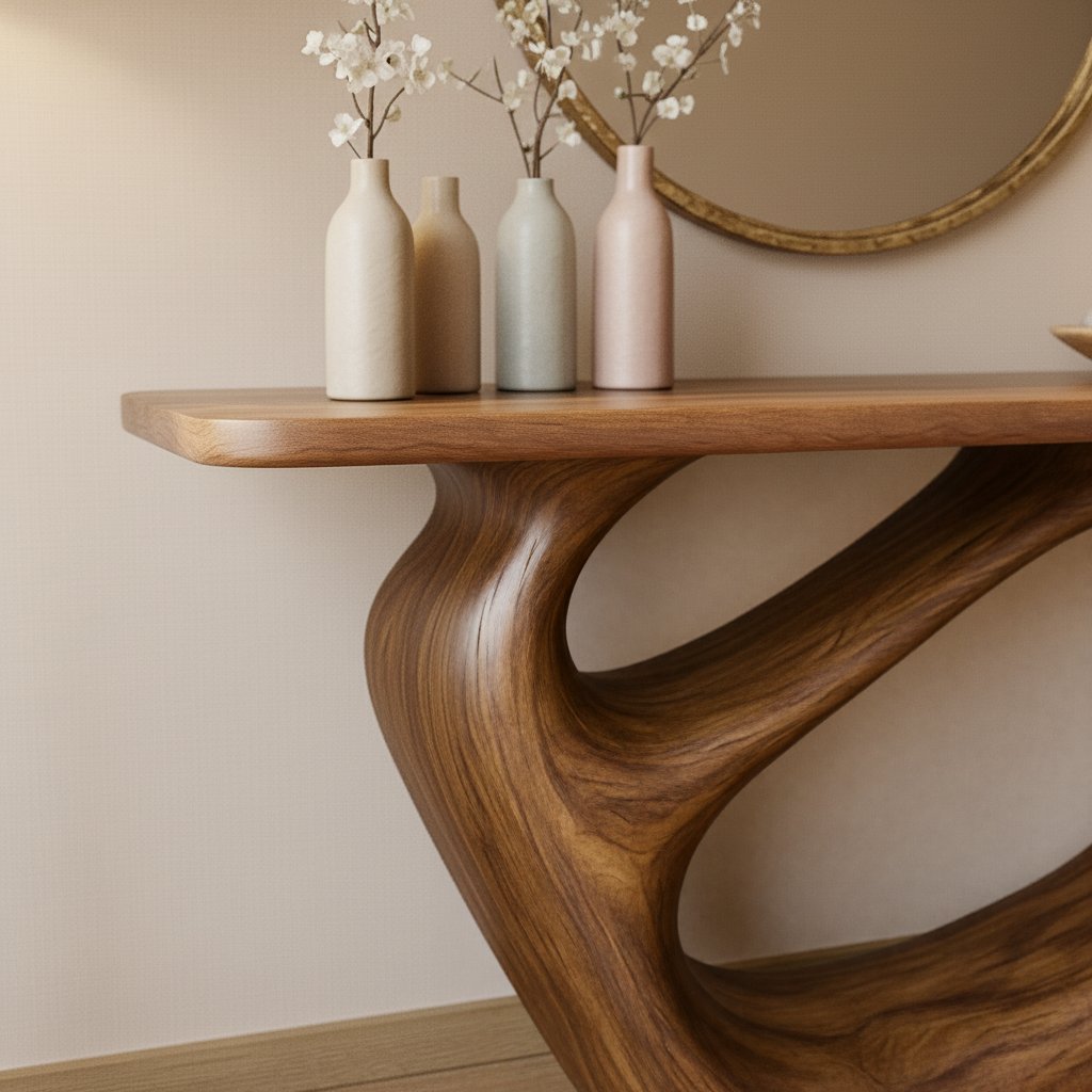 Solid Wood Console Table with Curved Sculptural Loop Base for Hallway