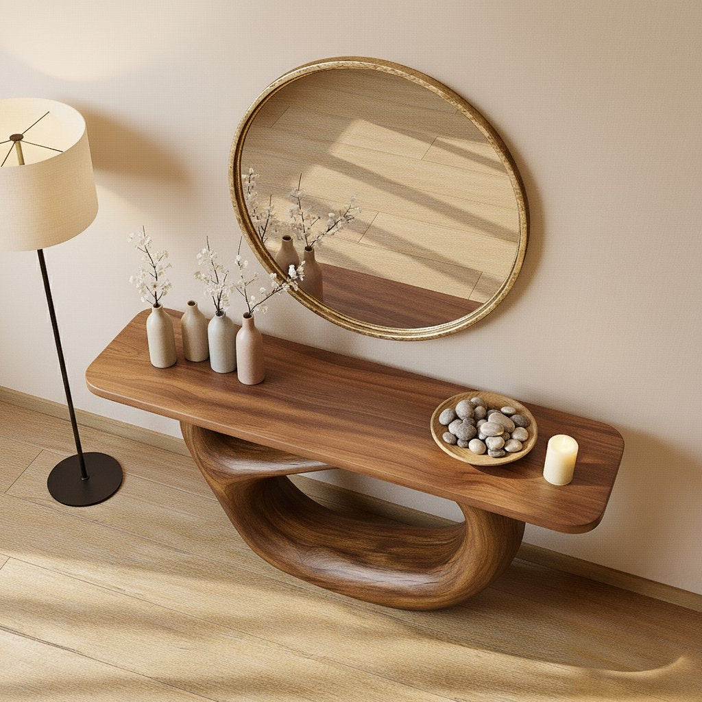 Solid Wood Console Table with Curved Sculptural Loop Base for Hallway