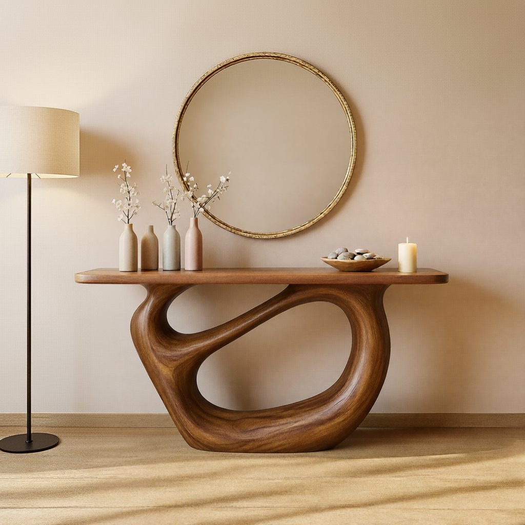 Solid Wood Console Table with Curved Sculptural Loop Base for Hallway
