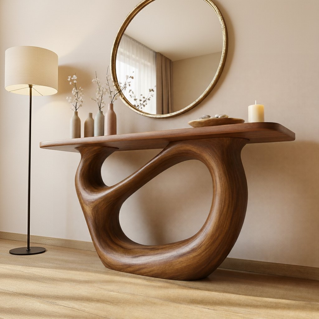 Solid Wood Console Table with Curved Sculptural Loop Base for Hallway