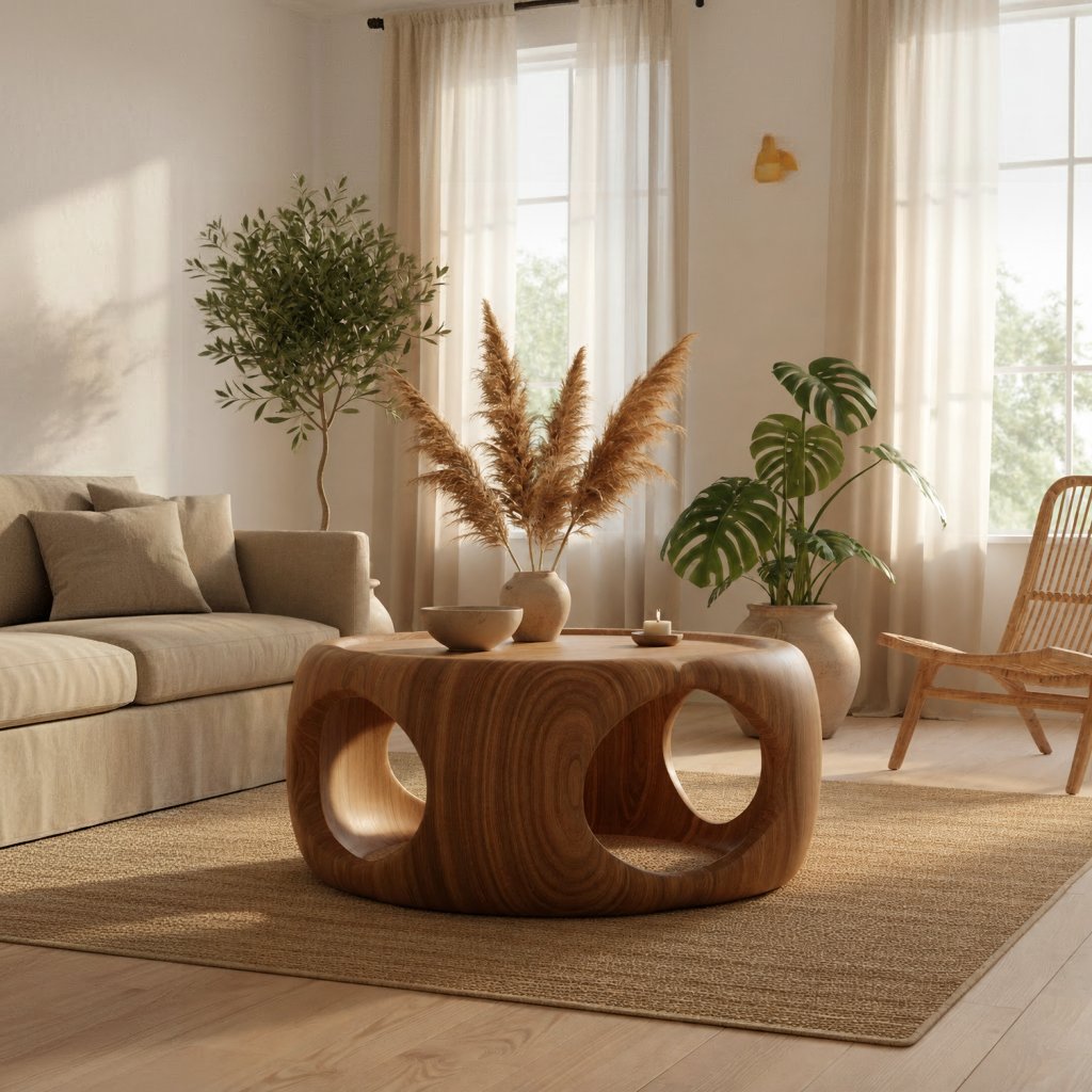 Solid Wood Coffee Table Sculptural Organic Block with Carved Openings for Living Room