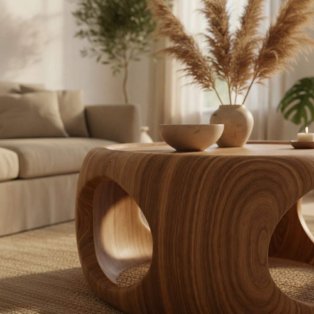 Solid Wood Coffee Table Sculptural Organic Block with Carved Openings for Living Room
