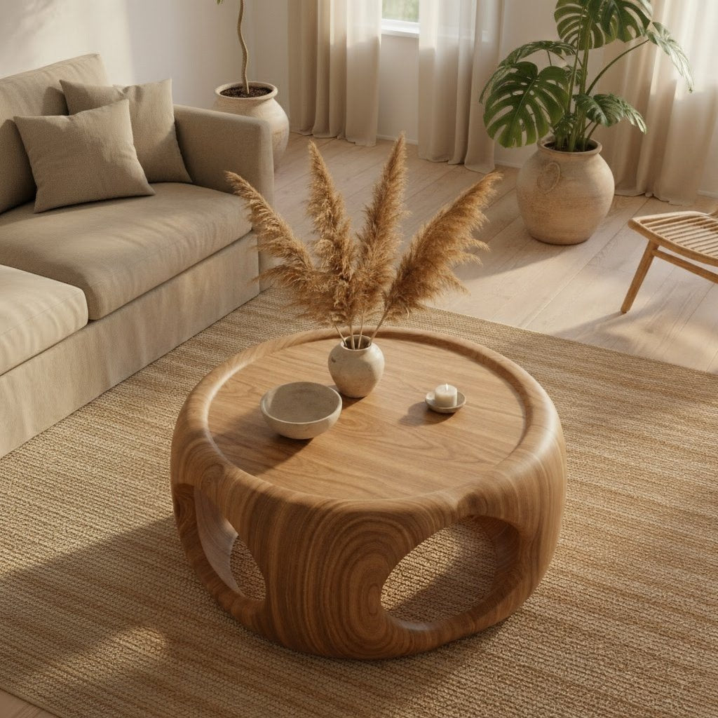 Solid Wood Coffee Table Sculptural Organic Block with Carved Openings for Living Room