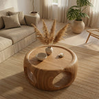 Solid Wood Coffee Table Sculptural Organic Block with Carved Openings for Living Room