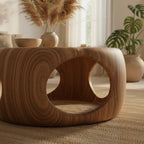 Solid Wood Coffee Table Sculptural Organic Block with Carved Openings for Living Room