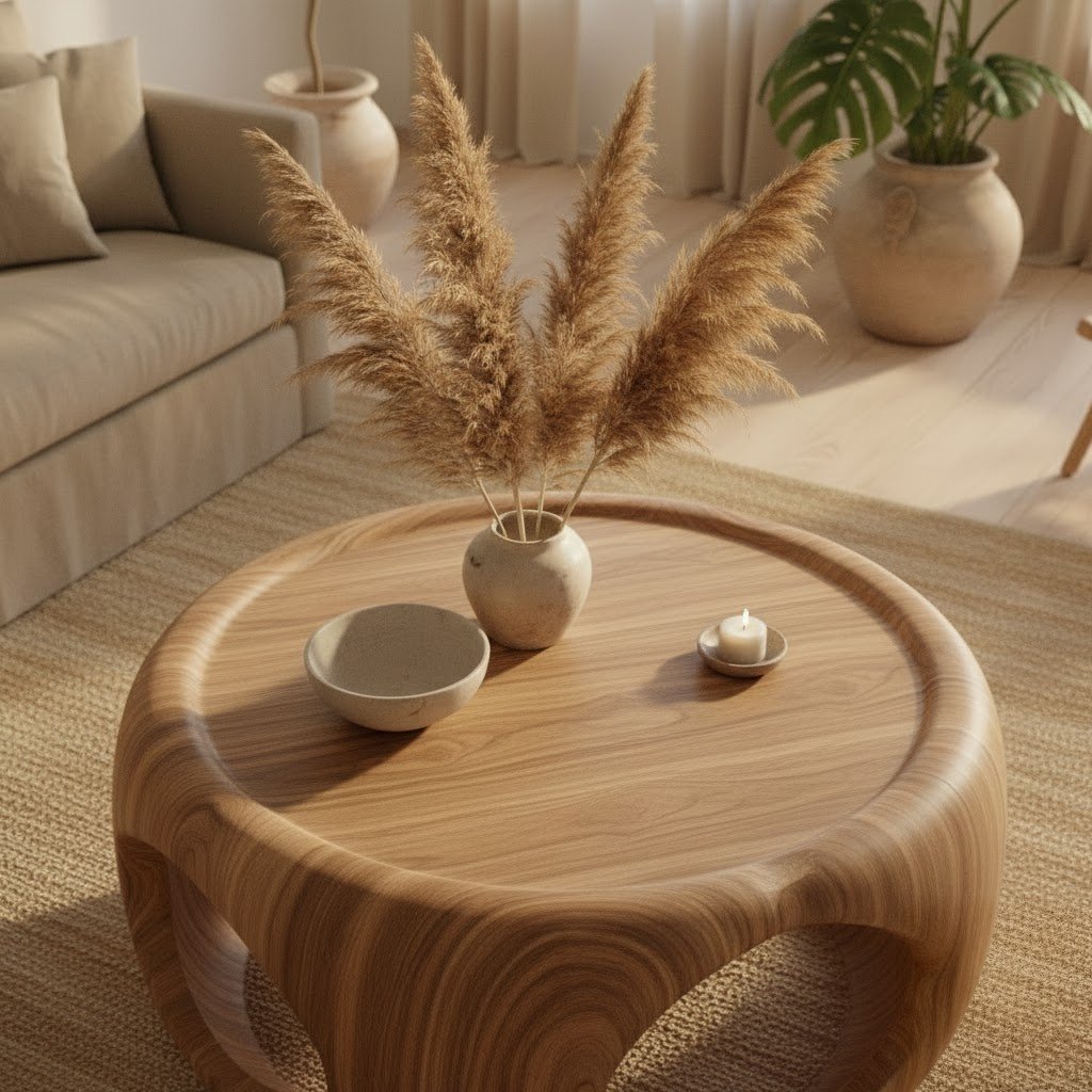 Solid Wood Coffee Table Sculptural Organic Block with Carved Openings for Living Room